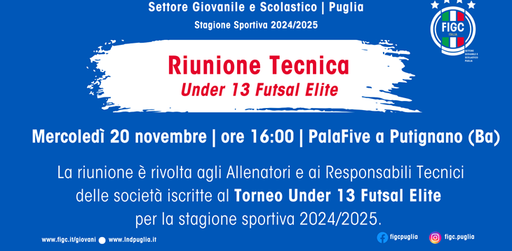 La Figc Puglia organizza una riunione tecnica per il Torneo Under 13 Futsal Elite